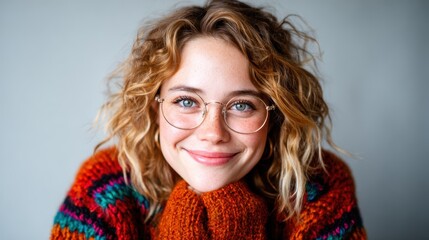 A joyful young woman wearing a vibrant sweater and glasses, smiling warmly at the camera, radiating happiness and approachability in a cozy atmosphere.