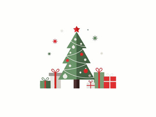 A stylized Christmas tree decorated with ornaments and a star, surrounded by wrapped gifts with bows, against a plain white background.