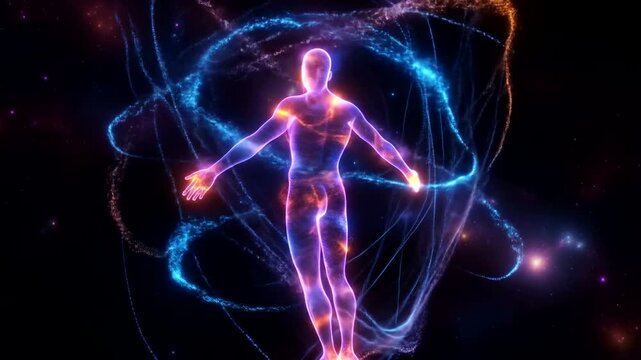 Human energy field and aura visualization, spiritual awakening and meditation concept, glowing body in cosmic space.