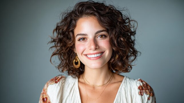 A joyful woman with curly hair, radiant smile, and warm expression, celebrating positivity and confidence in front of a neutral backdrop that adds focus to her beauty.
