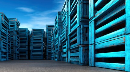 A striking arrangement of bright blue wooden pallets stacked in a contrasting landscape that captures an industrial aesthetic, creating an impactful visual charm and energy.