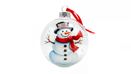 Festive snowman ornament with red scarf and hat for holiday tree decoration on transparent background