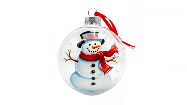 Festive snowman ornament with red scarf and hat for holiday tree decoration on transparent background