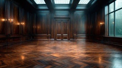 A spacious, empty room with dark wood paneling and large windows invites natural light, showcasing the elegance of interior design and a serene atmosphere.