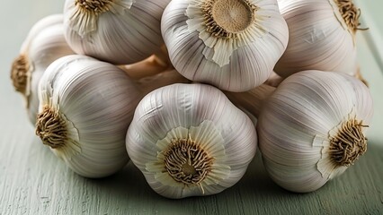 A close up shot showcasing a cluster of fresh garlic bulbs with their papery skin on a table top