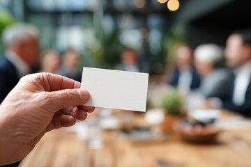 Person hand holding a blank business card template mock up. Ethical business practices. Table with meeting businessman in the office blurred background. Professional networking and communication.