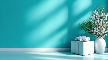 A beautifully wrapped decorative gift sitting next to a vase of flowers against a soothing blue wall, creating a serene and inviting atmosphere perfect for celebrations.