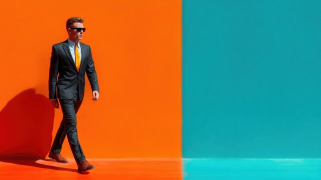 A confident man in a sleek suit with sunglasses walks confidently against a dynamic orange and turquoise background, embodying modern fashion and urban sophistication.