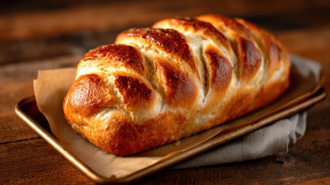 A freshly baked golden braided bread loaf resting on a tray, highlighting the artisanal craftsmanship and deliciously crusty exterior, perfect for any bakery display.