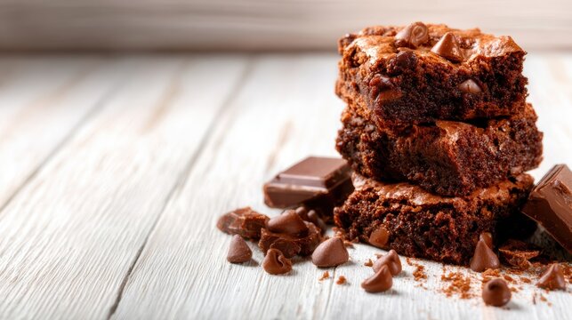 These rich, fudgy chocolate brownies are perfectly stacked with enticing chocolate chips on top, set against a rustic wooden background for a mouthwatering presentation. - Powered by Adobe