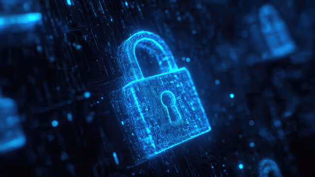 A glowing blue digital padlock, formed by intricate circuitry, symbolizes advanced cybersecurity, data protection, and secure technological infrastructure in a dark, interconnected network.