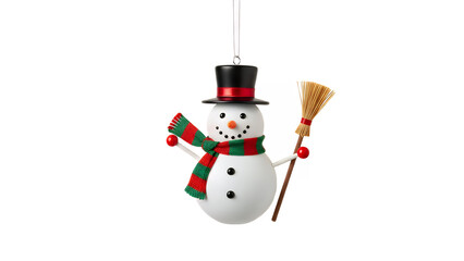 Festive snowman ornament with scarf and broom hanging against a black backdrop on transparent background