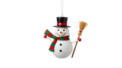Festive snowman ornament with scarf and broom hanging against a black backdrop on transparent background