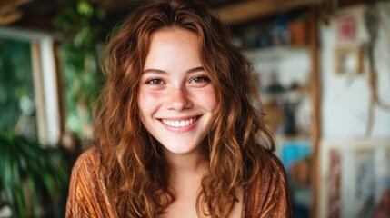 This portrait highlights a cheerful young woman with curly hair and freckles, radiating natural beauty and positivity in a cozy, well-lit indoor setting.