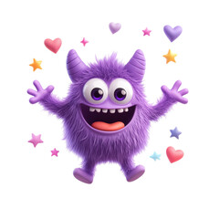 Naklejka premium Cheerful purple monster surrounded by colorful hearts and stars