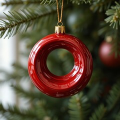 Red Glass Christmas Ornament Hanging on Tree &ndash; Winter Holiday Close-Up