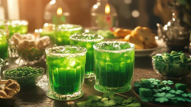 An Irish St. Patrick's Day celebration with green beer, party food and decorations that evoke the spirit of the day.