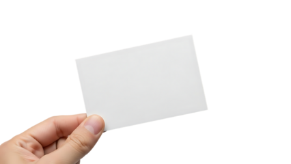 Hand, holding a blank white rectangular card against a dark background, isolated on white or transparent background. PNG