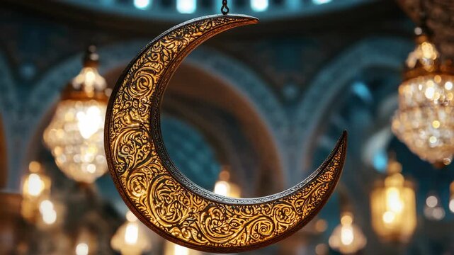 A lit up crescent moon light in an Islamic mosque interior with intricate patterns.