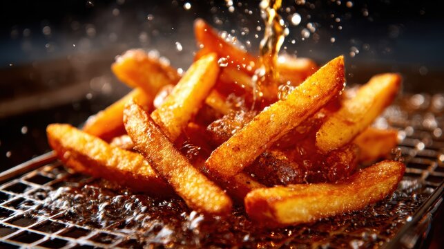 Golden brown French fries are skillfully fried and splashed with hot oil, creating a mouthwatering image that's both appetizing and visually dynamic, perfect for culinary themes.
