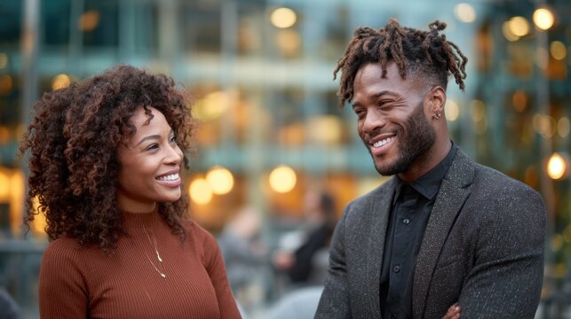 A couple enjoying a lighthearted conversation outdoors, surrounded by nature, showcasing genuine smiles that convey warmth and connection between them in a beautiful setting.