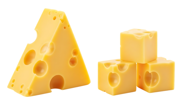 Wedge and cubes of Swiss cheese, with holes, isolated on white or transparent background. PNG