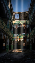 Fototapeta premium Sunlight streams through the broken roof of an abandoned, decaying multi-story building with peeling paint and crumbling architecture, creating dramatic light shafts.