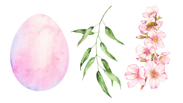 Delicate Easter clipart set with a pastel pink watercolor egg, green leaves, and blooming cherry blossoms with a bee. Perfect for creating spring holiday cards, floral Easter designs, and seasonal com