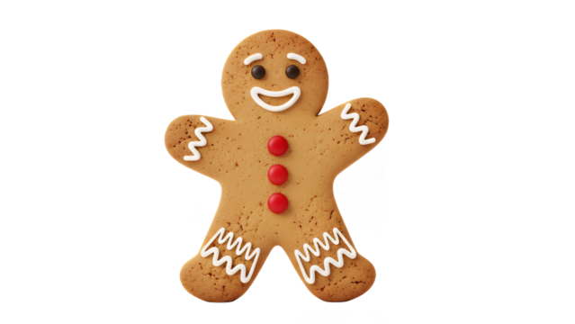 Smiling gingerbread man cookie with icing and red buttons on transparent background