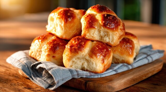 Freshly baked golden dinner rolls arranged beautifully on a rustic wooden board, evoking warmth and comfort ideal for any meal or gathering with family and friends.