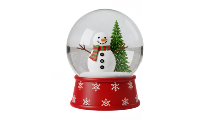 Festive snow globe featuring a snowman and christmas tree for holiday decorations on transparent background
