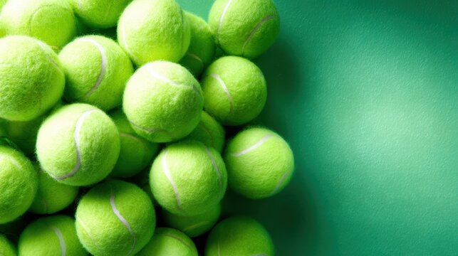 A vibrant pile of fresh green tennis balls captures the essence of sport and energy, inviting players to enjoy an active and lively game outdoors.
