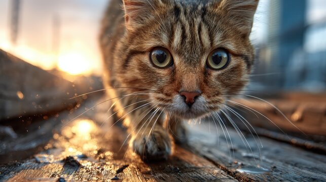 A curious tabby cat walks along a sunlit wooden pathway, beautifully capturing the playful spirit of feline companionship and the joy of exploring the outdoors.