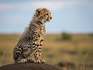 Curious cheetah cub perched on a termite mound, observing its vast savanna territory under a beautiful sky