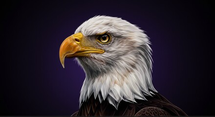 Obraz premium American Bald Eagle Portrait - A portrait of an American bald eagle, symbolizing freedom, strength, vision, independence, and courage. The backdrop is a solid dark blue color