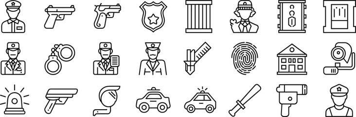 Police and Law Enforcement Outline Icon Set, Security, Justice, Officer, Patrol Car, Handcuffs, Weapon, Crime Line Art Vector Graphic Collection © Shafiqul