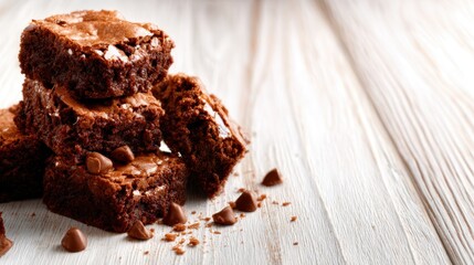A mouthwatering stack of rich chocolate brownies resting on a rustic wooden surface, showcasing the delectable texture and inviting appearance of homemade treats.