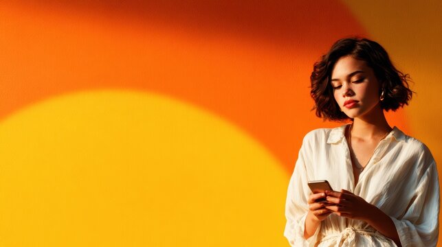 A young woman stands in front of a vibrant orange wall, absorbed in her phone, showcasing a contrast between modern technology and artistic background aesthetics.