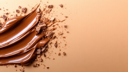 Smooth, rich chocolate spread artfully smeared on a neutral background creates an enticing visual, inviting indulgence and evoking cravings for sweet delights and dessert fantasies.