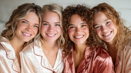 Fototapeta premium A group of four joyful women in elegant pajamas smile widely, showcasing a moment of friendship and style, perfect for expressing happiness and unity in a cozy setting.