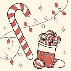 Christmas vector with candy canes, stockings, ornaments, and lights, perfect for holiday card designs, social media posts, and advertisements.