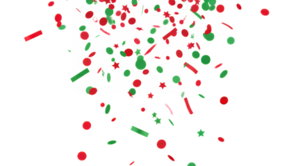 Festive red and green confetti falling celebration design on transparent background