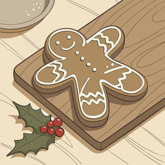 Christmas vector gingerbread man with holly ideal for holiday designs. Festive treat perfect for cards, invitations, and holiday decorations.