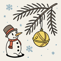 Christmas vector snowman, pine branch, snowflake elements creating festive holiday cheer. Suitable for holiday cards, decorations, and gift designs.
