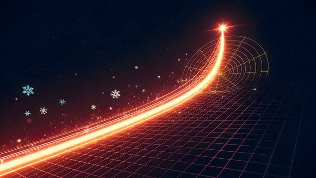 An awe-inspiring high-tech radar display vividly tracking Santa's extraordinary flight path across the globe, visualized as a brilliant, dynamic trail of crimson and gold light. This captivating path 