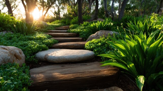 A tranquil image of a stone pathway winding through lush greenery, illuminated by warm sunlight, evoking feelings of peace and exploration in a natural setting.