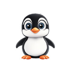 Fototapeta premium Adorable cartoon baby penguin with big eyes and orange feet on white background