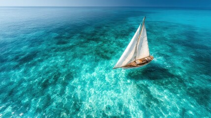 A picturesque sailboat glides over vibrant turquoise waters, showcasing the tranquil beauty of a sunny day on the open sea, perfect for relaxation and adventure.