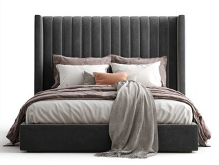 Luxurious upholstered bed with plush bedding and decorative pillows