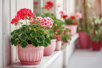 Windows with blooming red geranium flowers. Row of colorful geraniums in pots lining the sidewalk on city street. Picturesque travel destination. Charming Alleyway Adorned with Flowers in a Village.